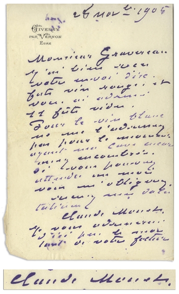 Claude Monet Autograph Letter Signed -- Monet Orders Red Wine From His Wine Merchant But Says He's Well Stocked on White Wine